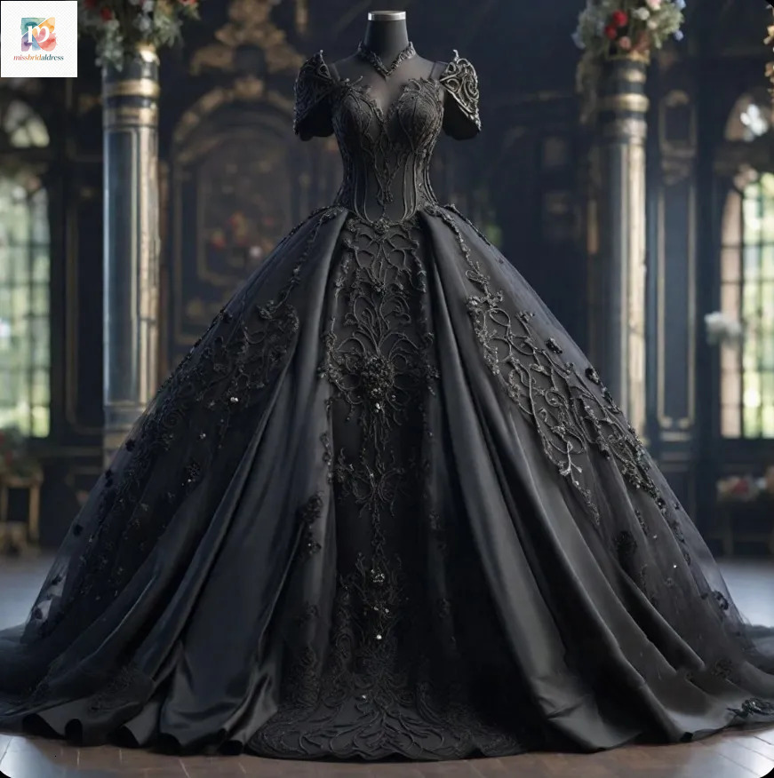 Gothic Black Medieval Satin Applique Ball Gown Bridal Dress A Line Custom Wedding Dresses Floor Length Cubic Floral Lace Up/Zipper Back Youmaigowns