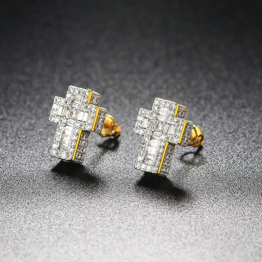 Punk Cross Earrings for Men Iced Out Zirconia Hiphop Stud Earring Gold Color Womens Accessories Fashion Jewellery 260624