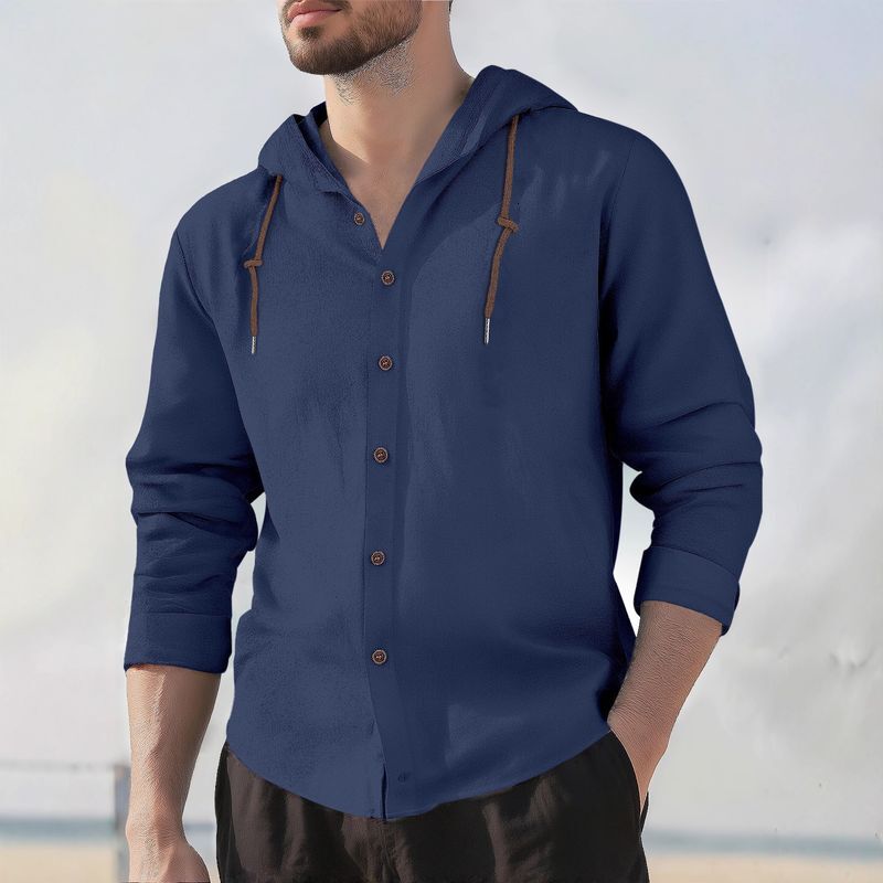 Cross-Border European And American Hawaiian Men's Simple Cotton-Linen Casual Loose Breathable Long-Sleeve Solid Color Shirt