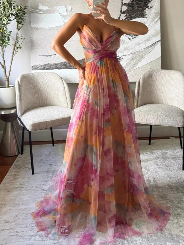 2026 Summer Fashion Womens Elegant Beach Vacation Dress with Strap Color Blocked Printing Party Grand Display Long 260625
