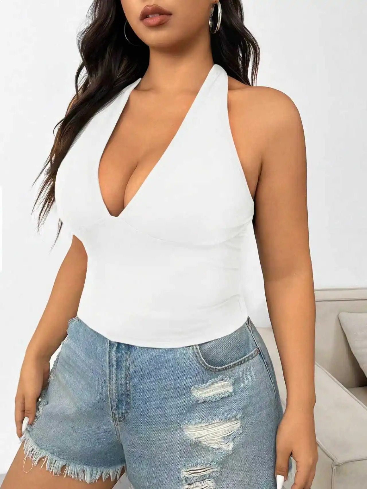 Plus Size Womens Halter Neck Crop Top Deep V Backless Tie Back Sexy Cami 260618