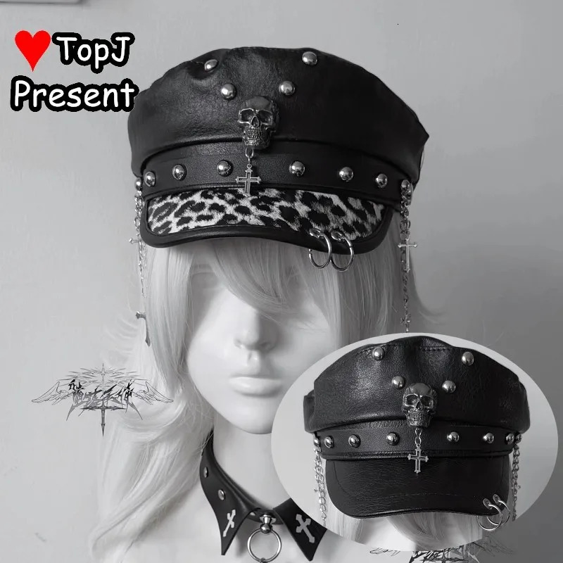 Original subculture Harajuku PU rivet leopard print skull Streetwear Y2K Girl Womens Gothic Spike Punk Cap Steampunk peaked cap 260624