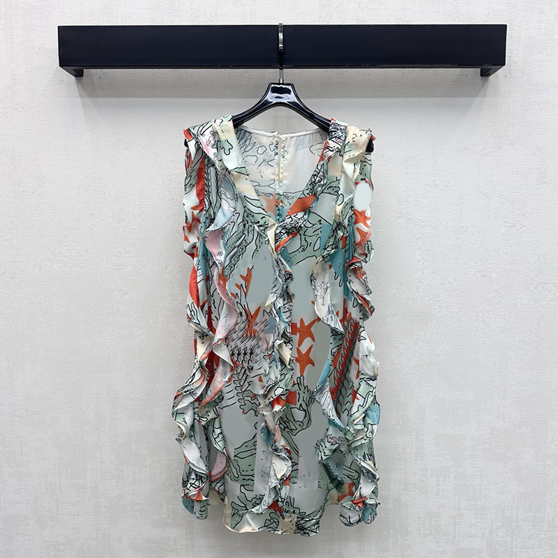 Luxury Print Vest Dress Lady Elegant Thin Ruffle Mini Dress Beach Vacation Summer Sleeveless Dress