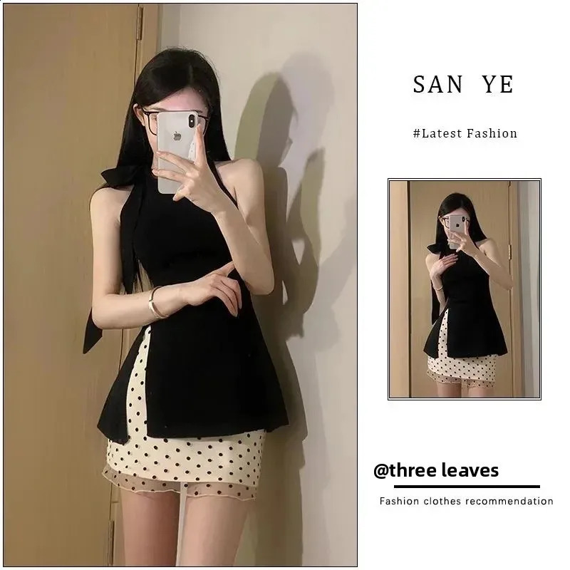 Black Polka Dot High Waist Skirt Set Womens Summer Korean n Sense Split Fashion Midi Dress Ensemble 260623