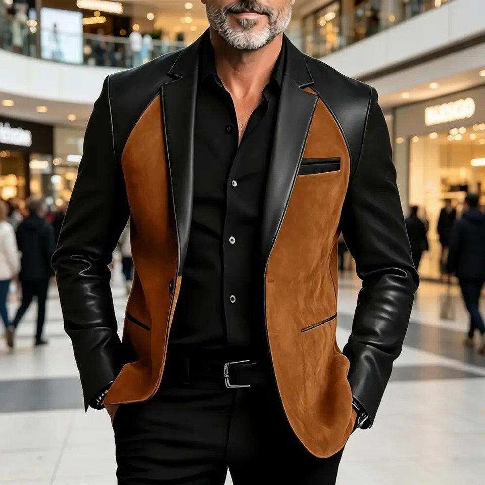 Classic Mens Suit Coat PU Splicing Notched Lapel Tuxedos ed Breasted Groom Wear Business Party Blazer Casual Jacket 260618