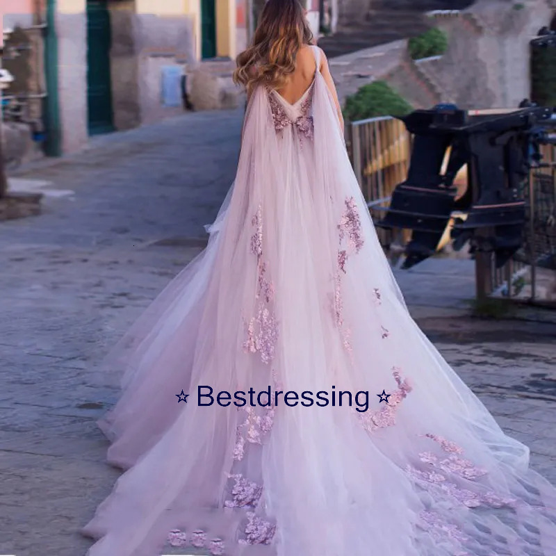 Boho Dress 2021 3D Flowers Light Purple Beach Bride Dresses Backless Puff Tulle Wedding Gowns Long Train Floor Length Bd625