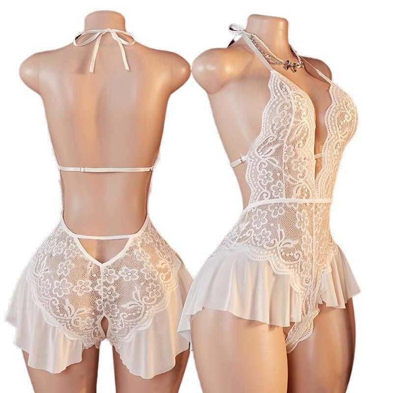 Sexy Transparent Bodysuit Nightgown One-piece White Lace Crotchless Deep V Hot Lingerie For Women Porn Teddy Doll Erotic Costume D260625