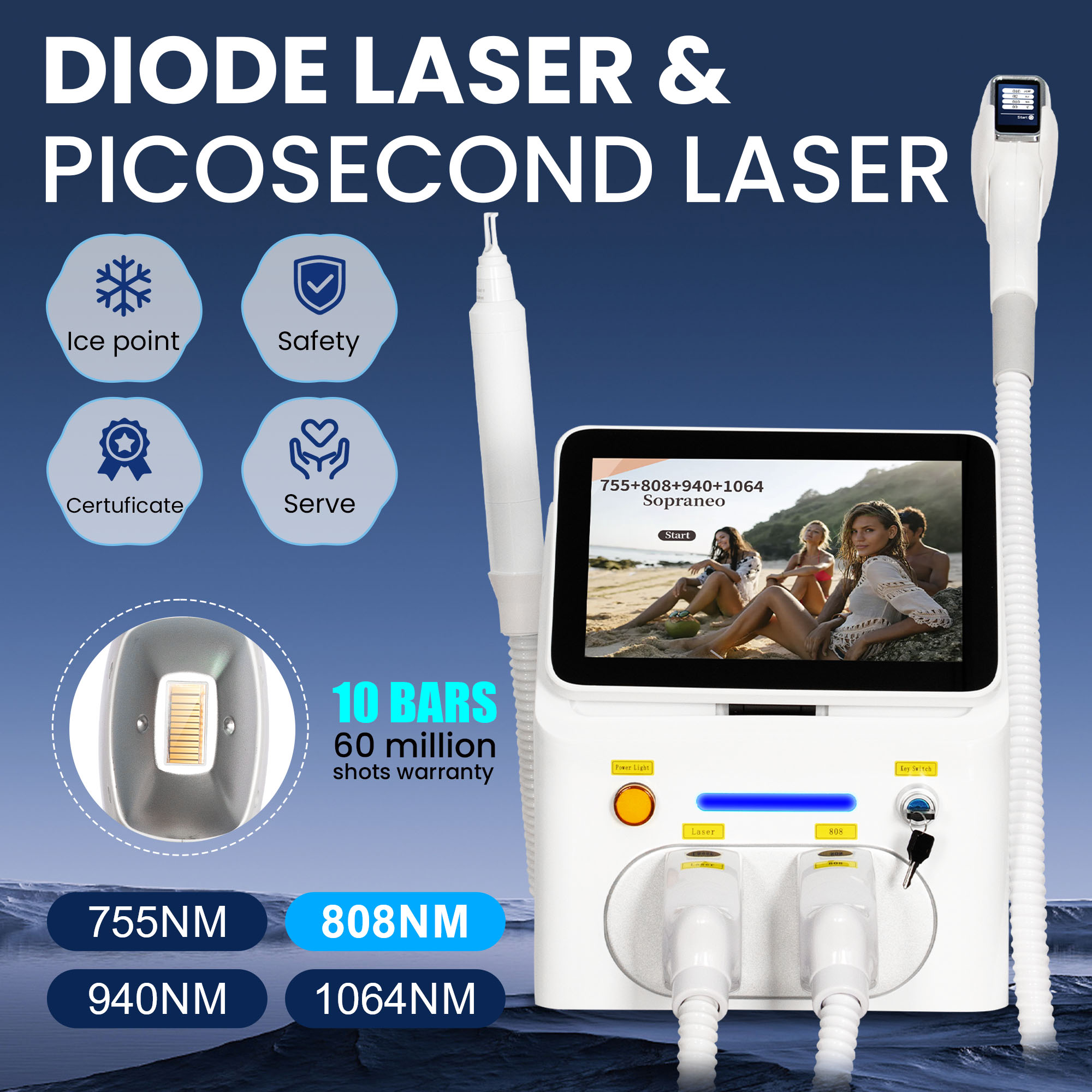 Professional 10 Bars Diode Laser Picosecond Laser Skin Rejuvenation Device 4 Wavelengths Laser Hair Removal 60M Shots Cooling Touch Screen-image-1112121539