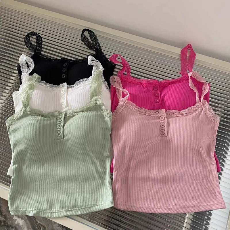 Summer Lace Strap Patchwork Camisole Women Solid Color Sleeveless Buttons Tank Top 260624