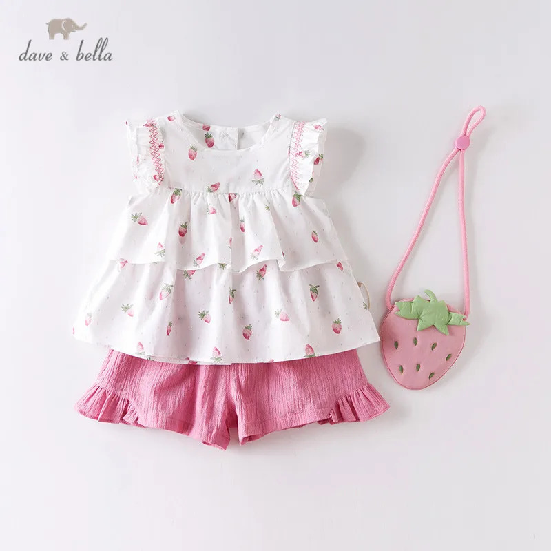 DBM14178 dave bella conjuntos de ropa fruncida con dibujo de fruta a la moda de verano para niñas, niños lindos con bolso pequeño, traje de 3 piezas