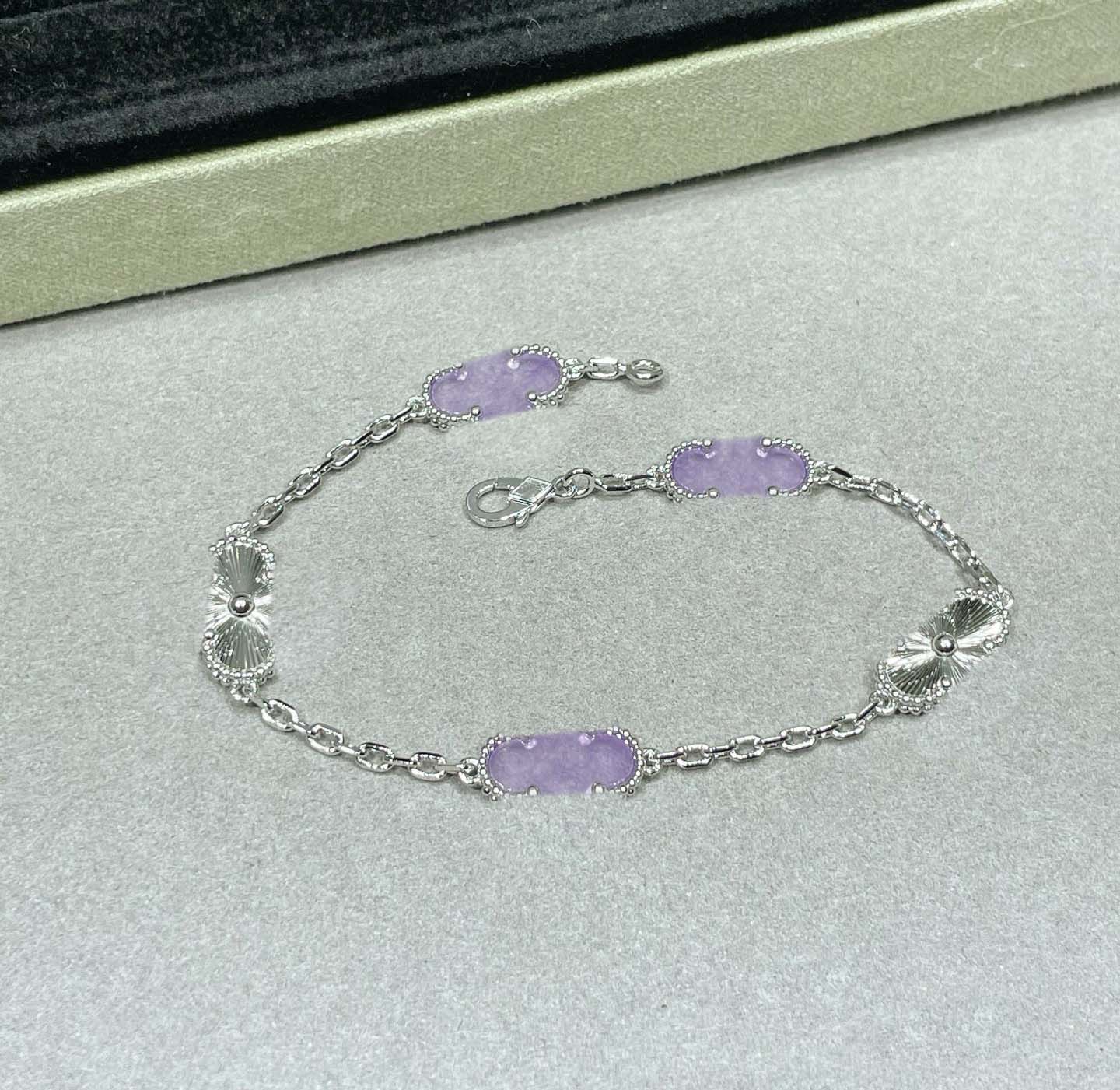 V gold material 2026 Luxury quality charm stud earring and bracelet purple jade in silver plated have stamp simple design box PS6918B