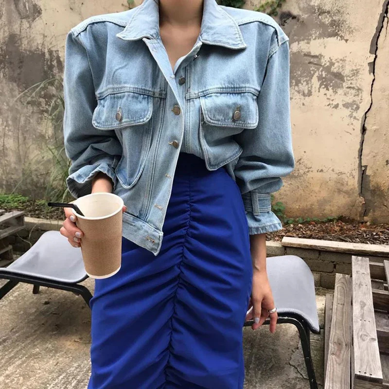 Autumn Long Sleeve Jeans Top Chic Women Single Breasted Office Denim Jackets Harajuku Multi-pocket n Slim Cargo Coats 260622