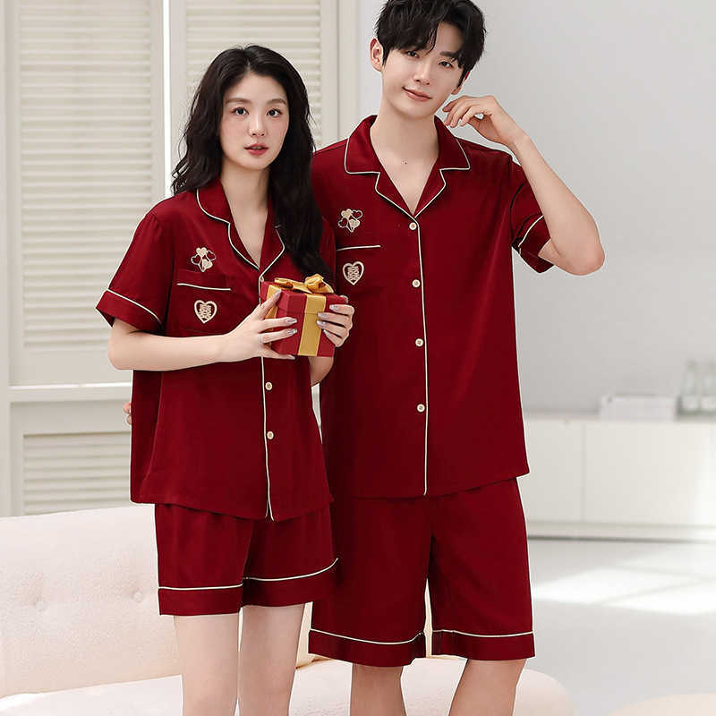 Cool Couples Summer Ice Silk Feeling Short Sleeve Home Clothes Set Women Mens Red Cardigan Sleepwear Pajamas Wedding Loungewear M260625