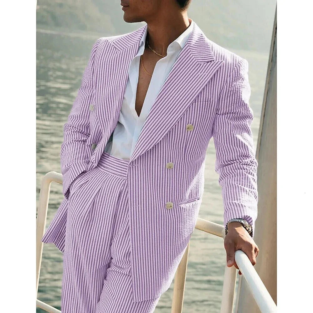 Light Purple Vertical Stripes Suits for Men 2piece Set Summer Comfortable Linen Cotton Fabric Mens Suit Casual Beach Party 260624
