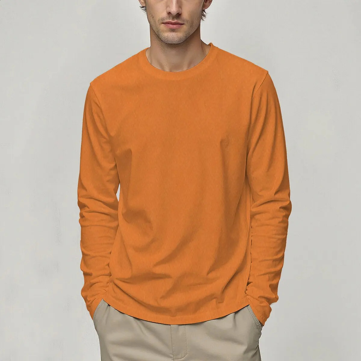 Simple and personalized orange printed mens spring and autumn long sleeved round neck T-shirt versatile daily top 260625