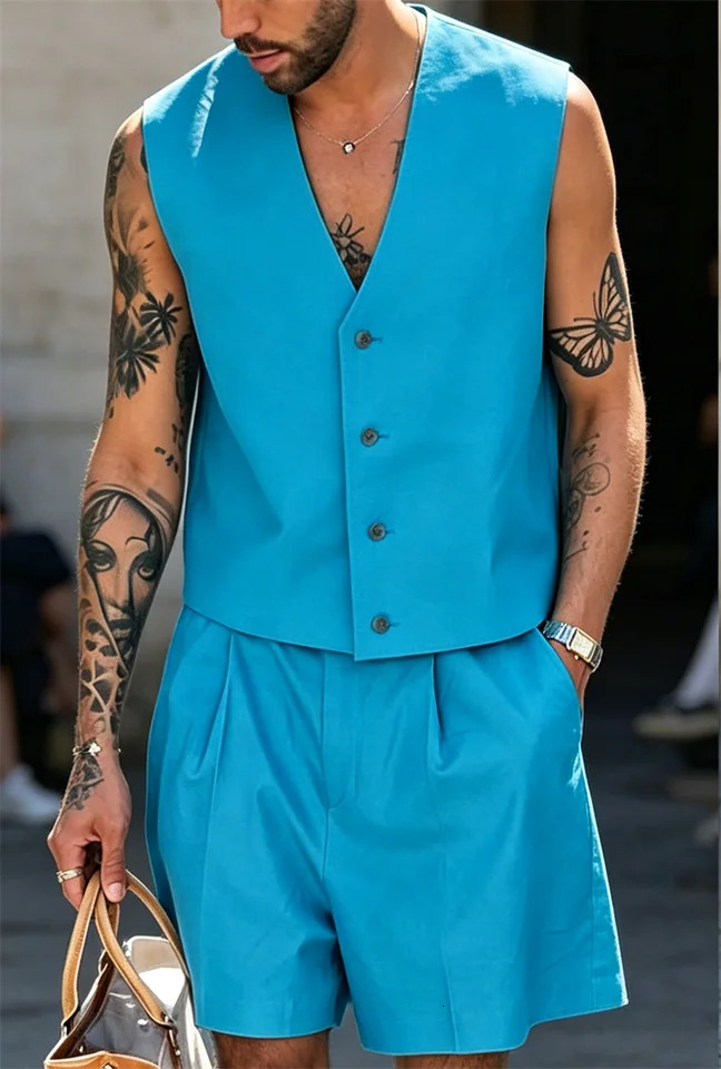 Summer Mens Sets Solid Color V Neck Sleeveless Vests Shorts Two Pieces Streetwear Casual Suits Hawaii Style Holiday Beach 260624