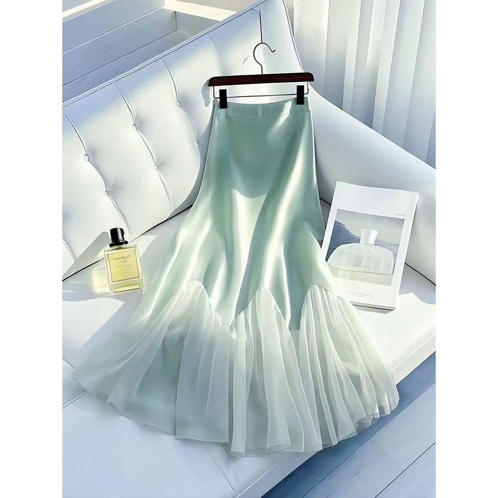 Designer 2026 High-waisted, Slimming Green Satin With A Draping Effect, Spring/autumn Hot-selling Ultra-fairy Luxury Mesh Patchwork Long Skirt Free