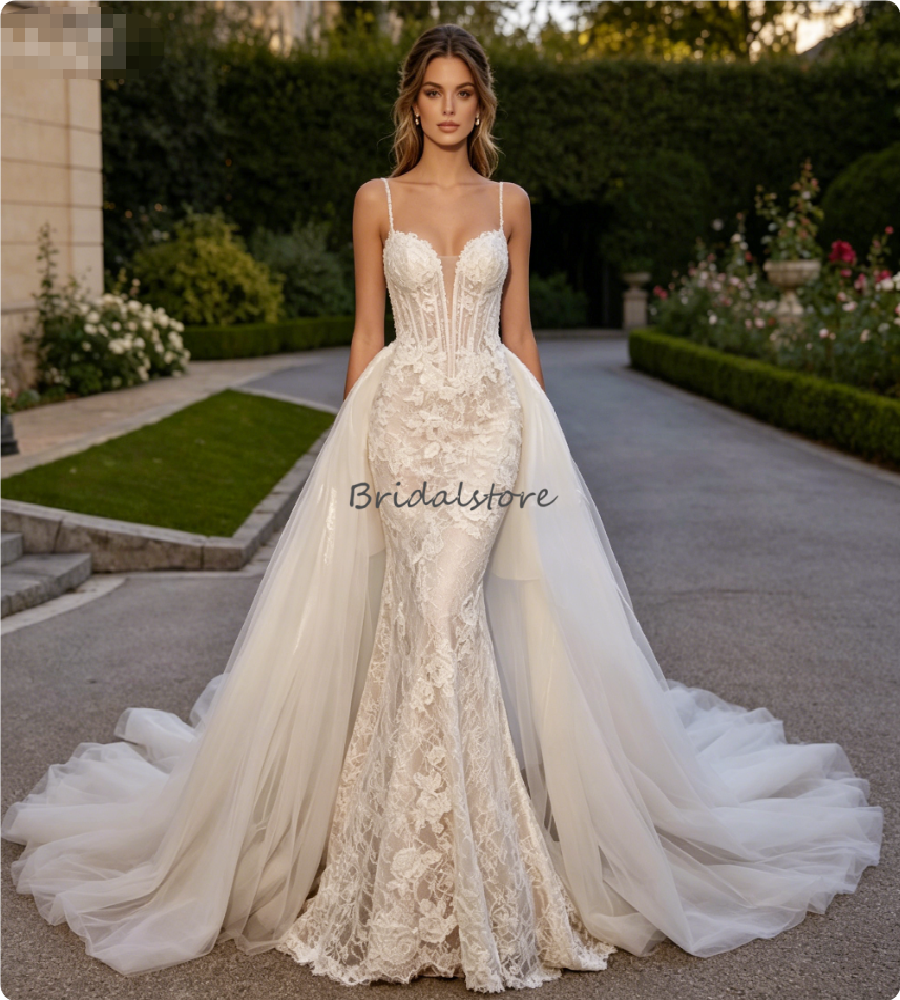 2 In 1 Mermaid Wedding Dress Spaghetti Strap 3D Floral Lace Bridal Gown With Detachable Train Princess Bohemian Rustic Country Bride Elegant