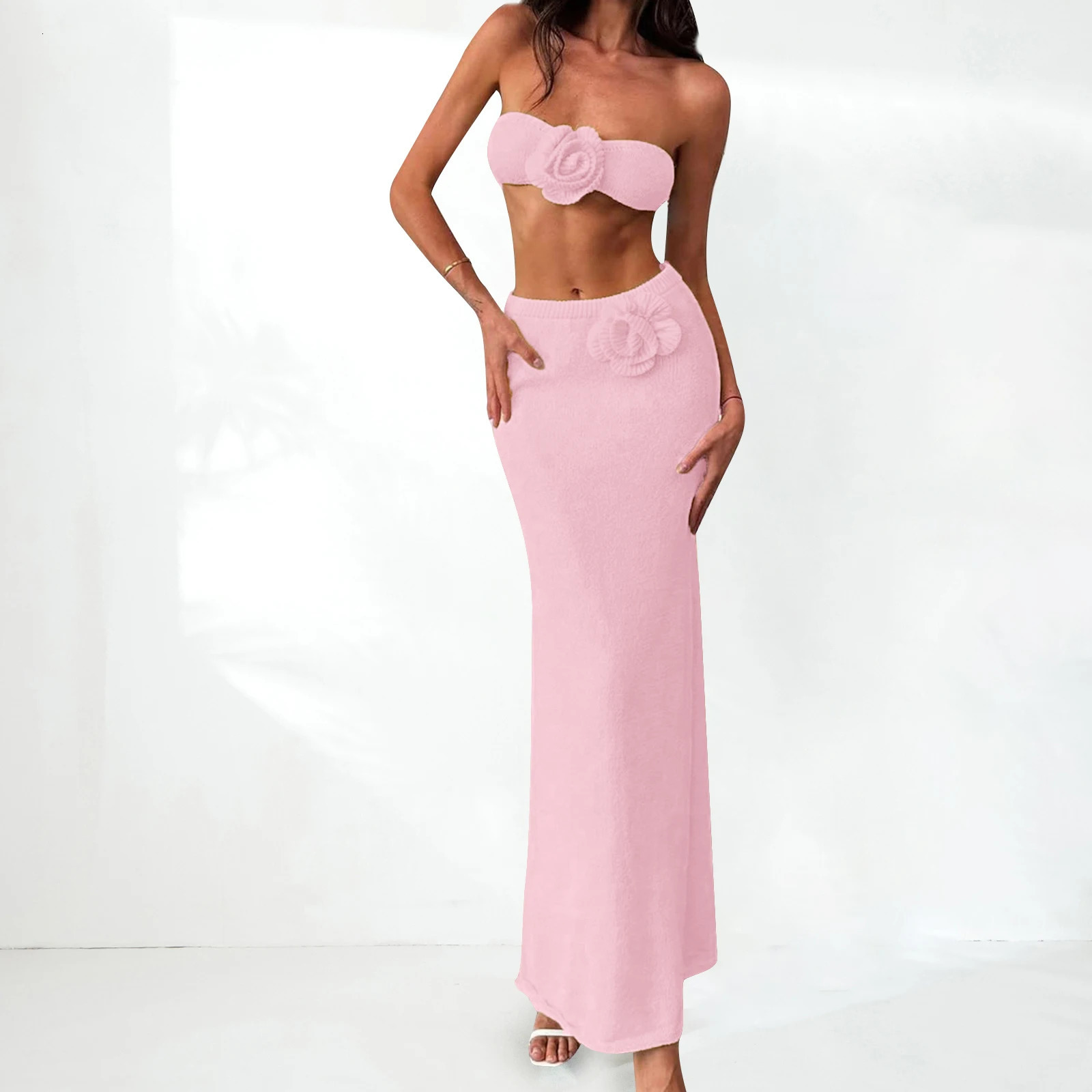 Summer Strapless 3D Flower Tube Tops and Long Skirt Set Womens Two Piece Summer Outfits Beachwear 260617