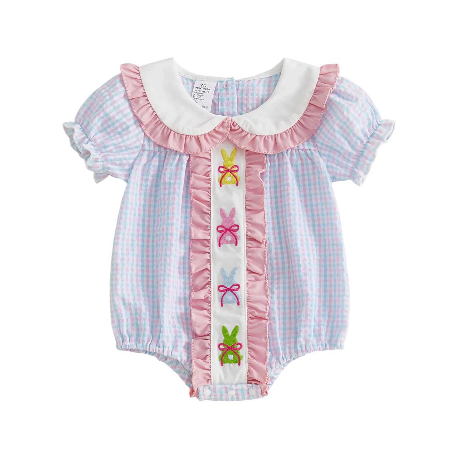 0-18M Newborn Baby Girls Easter Plaid Romper Cute Bunny Embroidery Doll Collar Short Bubble Sleeve Jumpsuit Y2606253DMQ