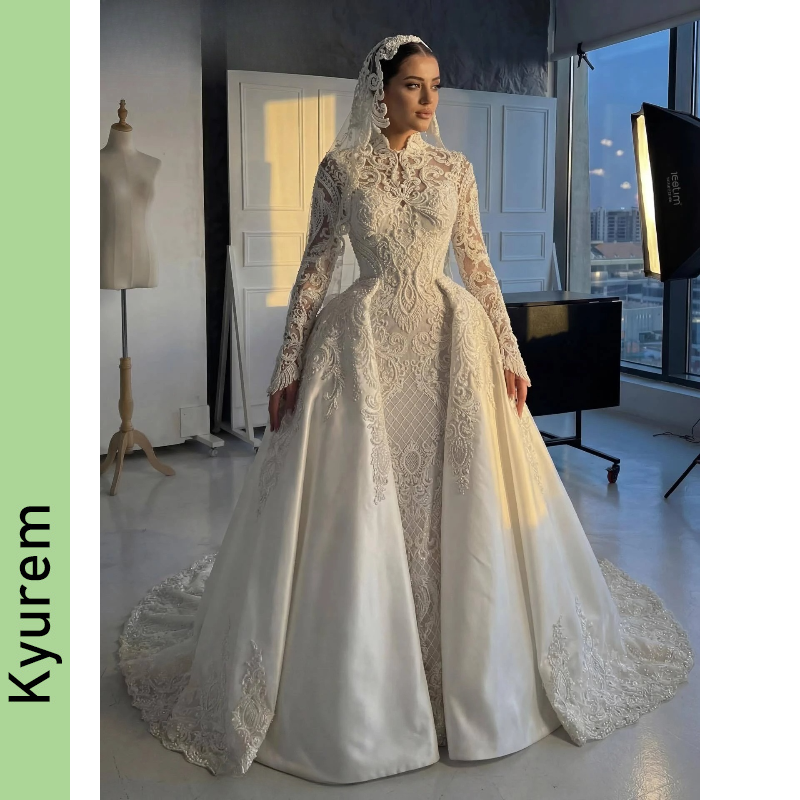 Dubai Muslim Wedding Dresses with Detachable Train Long Sleeves Formal Bridal Gowns Mermaid Customizable Vestidos De Novia Robe De Mariee