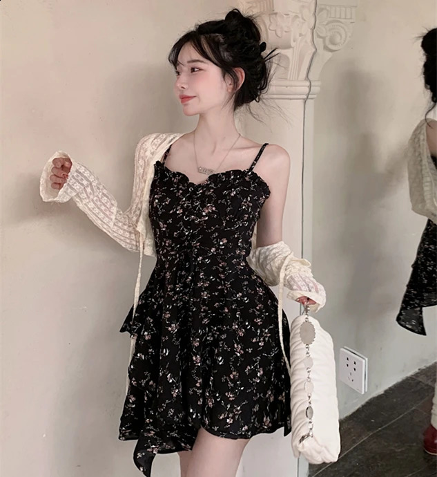 plus Size k Romantic Uneven Hem Chiffon Floral Print Strap Dr Two Piece Set Womens Faion Summer Sweet Fit 260613