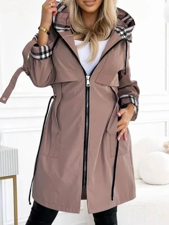 Fashion Trench Coat Woman Autumn Winter Solid Color Versatile Casual Street Style Cardigan Long-Sleeved Hooded Plaid Outerwears