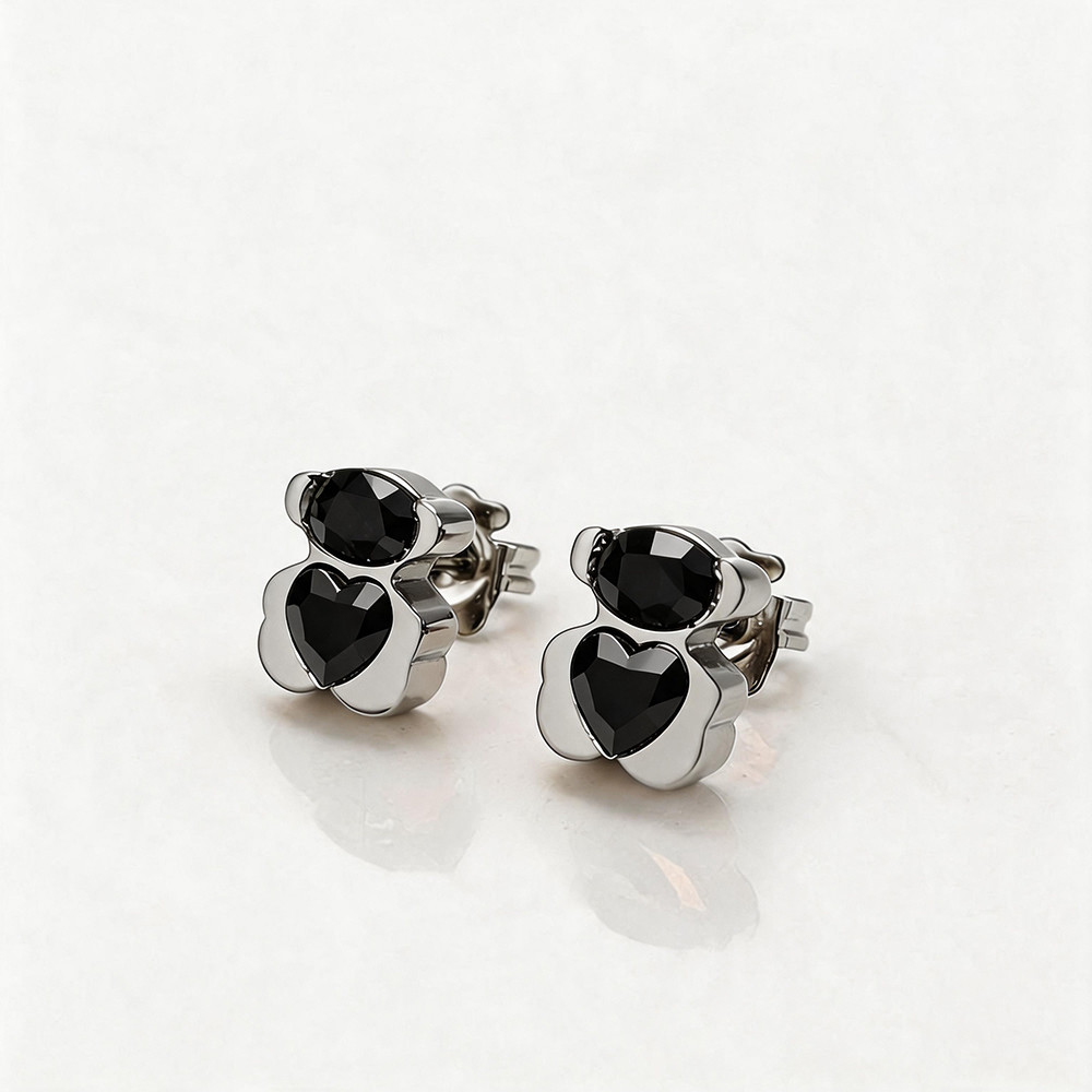 Fashion Women Lover Men Silver Rose Gold Stainless Steel Bear Heart Span Cartoon Animal Red Green Black White Heart Stone Letter Heart Moon Stud-image-1112142197