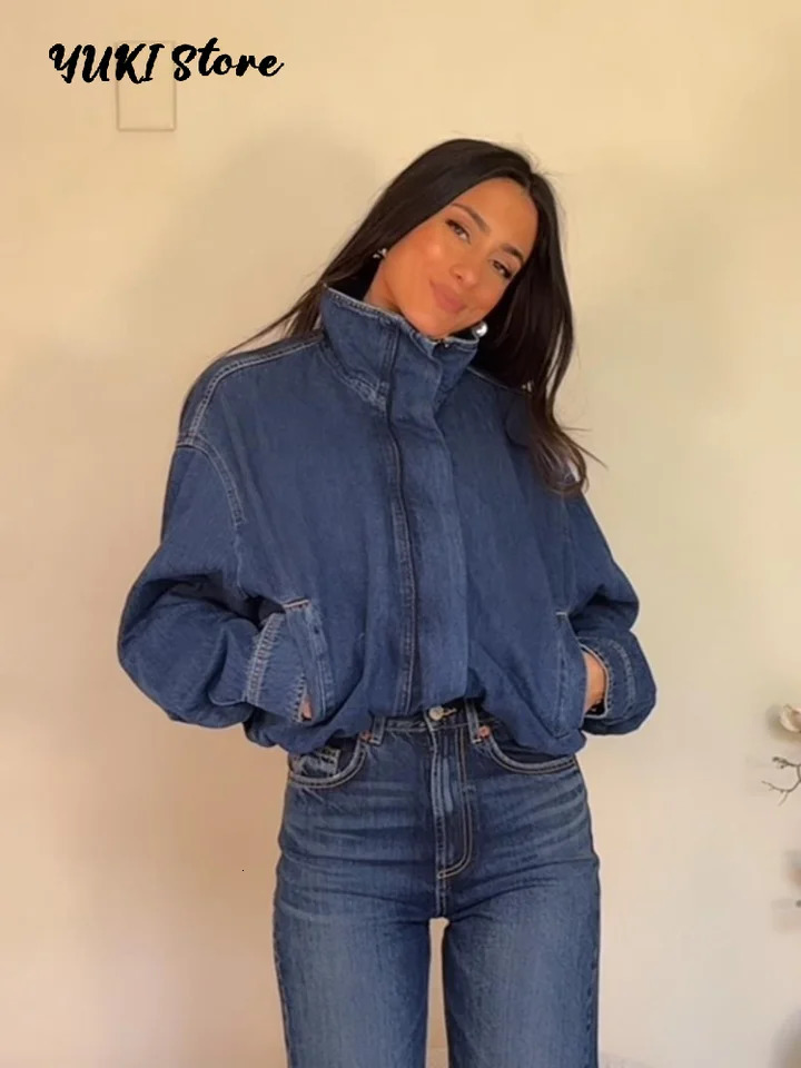 Chic Stand Collar Denim Cropped Jackets Women Loose Zipper Pockets Full Sleeve Female Coats 2026 Spring Lady Outwear Street 260623