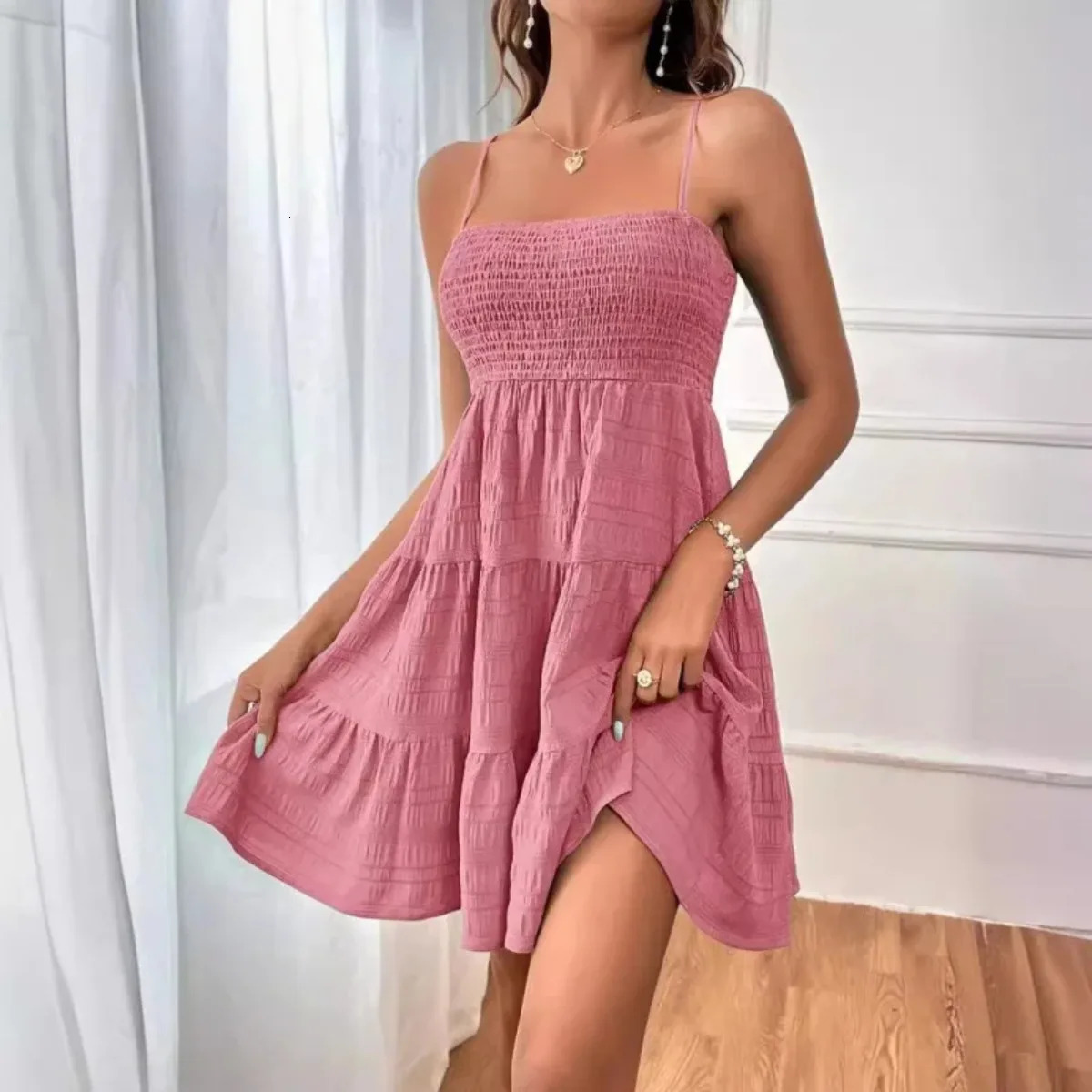Womens Fashion Spaghetti Strap Smocked Bustier Mini Dress Blue Ruffled Tiered Swing Summer Casual Vacation Beach Wear 260624