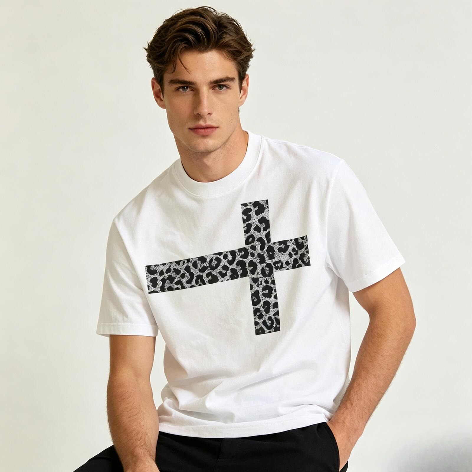 Mens Short Sleeve Tee Mens Leopard Retro Cross Print Heavyweight Cotton Oversized Slim Fit Top For Men Daily Hip Hop Street Outfits