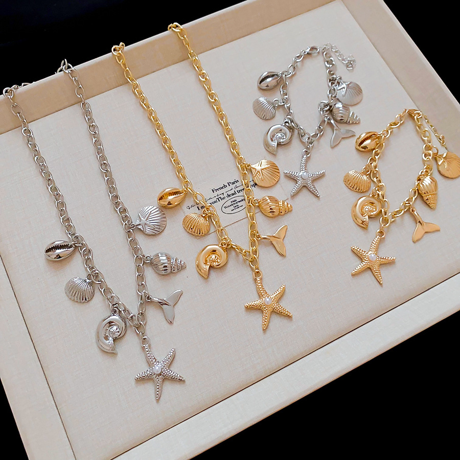 Ocean-themed shell, star, conch pendant necklace and bracelet set, unique design choker, fashionable trendy accessory-image-1112073983