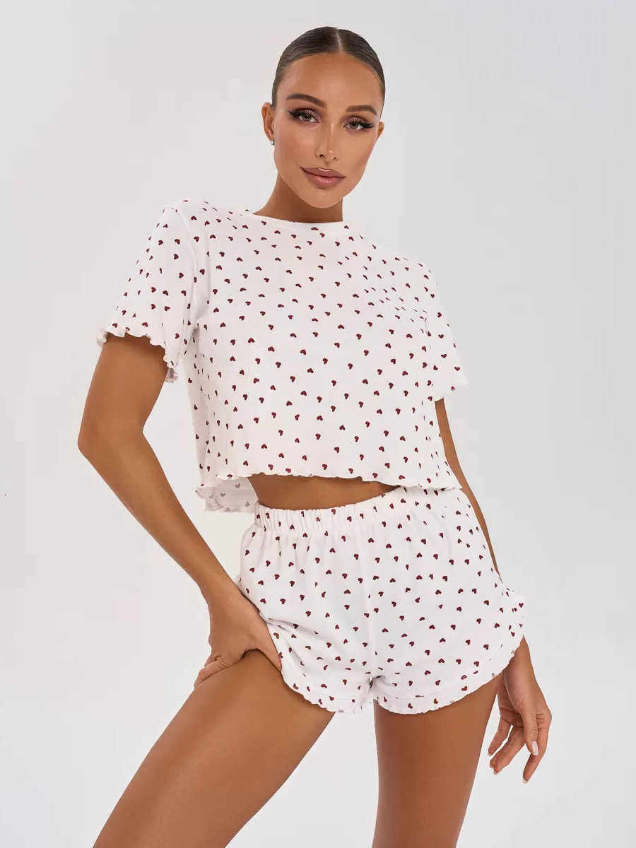 for Set Summer Womens Pajama Sleepwear Home Wear with Heart Print Casual Round Neck Short Sleeve Shorts Two-piece Set M260625