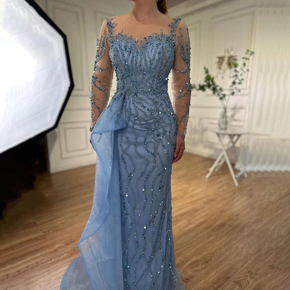 Long Sleevele Elegant Mermaid High Split Evening Dresses Party Gowns With Side Skirt Party Prom gowns Robe De Soiree Custom Made color/size