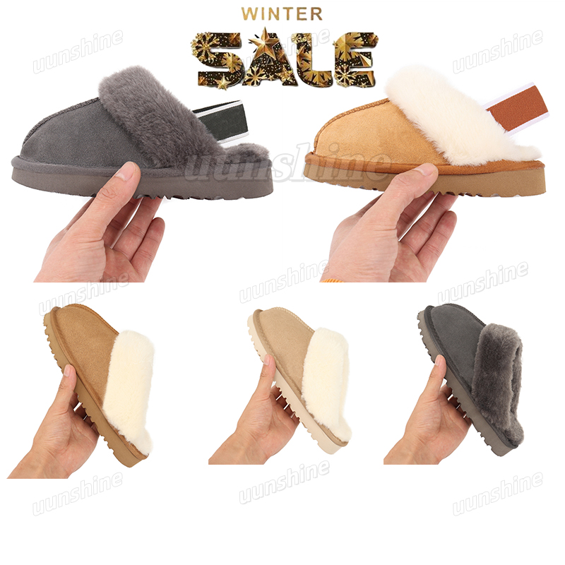 Kids Fluffy Fur Collar Mule Tasman Slippers, Toddler Suede Lined Backless Scuff Slides, Warm Winter Indoor Outdoor Slip On Tasman Style House Shoes