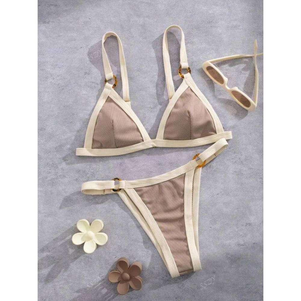 Splicing Ribbed High Cut Rings Women Swimsuit Female Swimwear Two-pieces Bikini Set Bather Bathing Suit Swim Beachwear 26Y0625