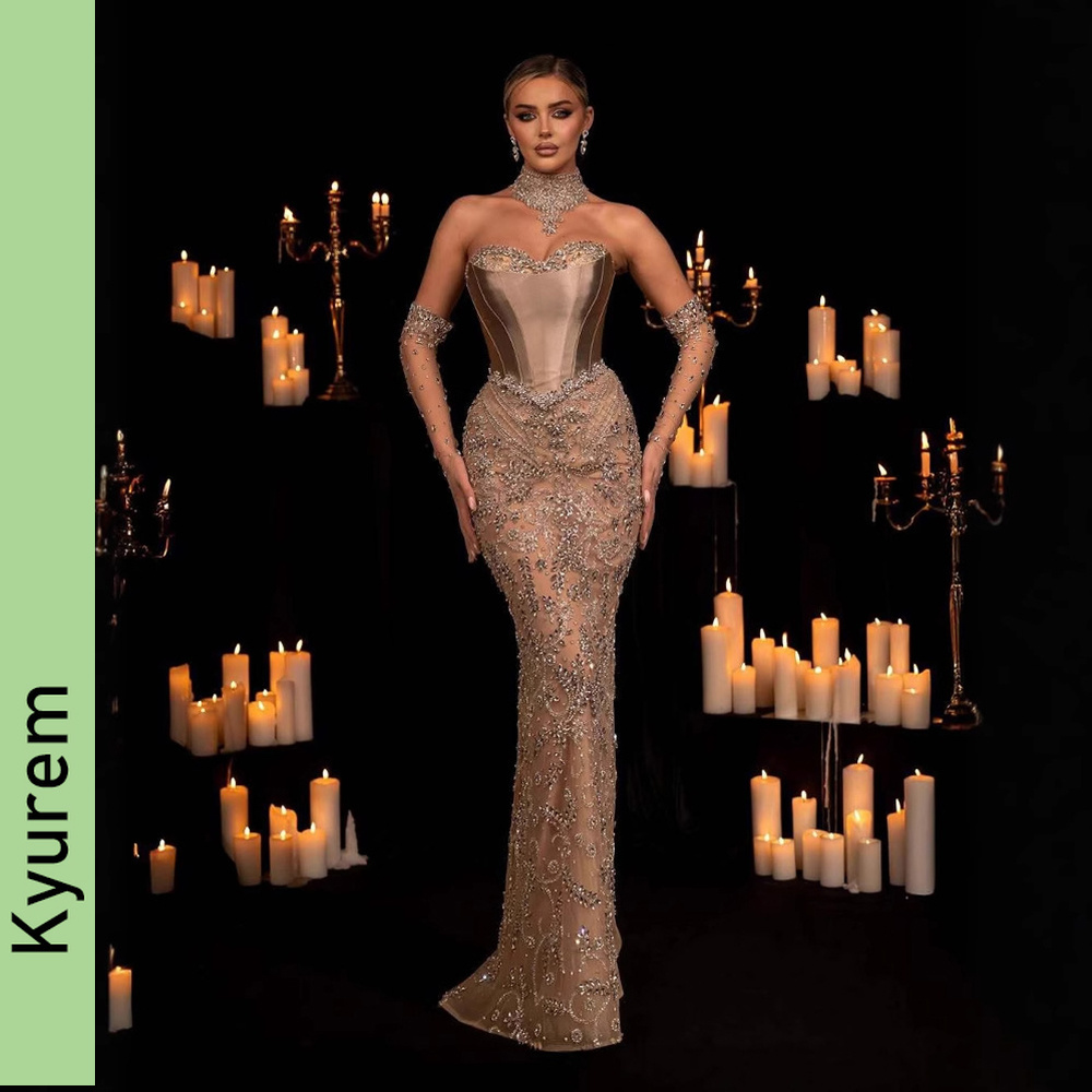 Luxury Beading Evening Dresses Elegant Sheer Long Gowns with Gloves Custom Made color/size Party Prom gowns Robe De Soiree