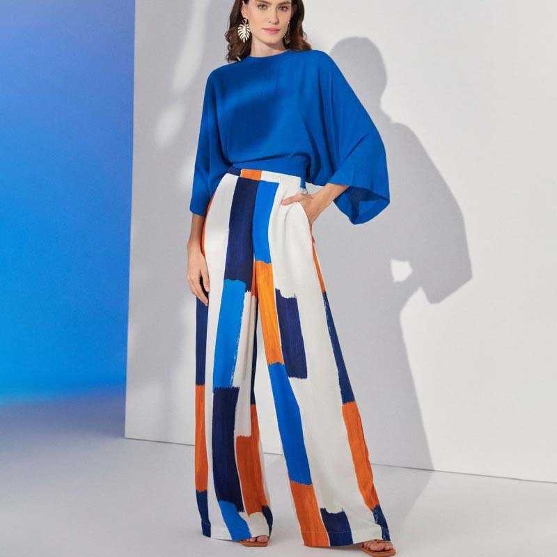 Women Fashion Temperament Commuting Pants Sets Women Solid Color Bat Sleeve Cropped Top Print High Waist Wide Leg Trousers Two Piece Set Lady 260625