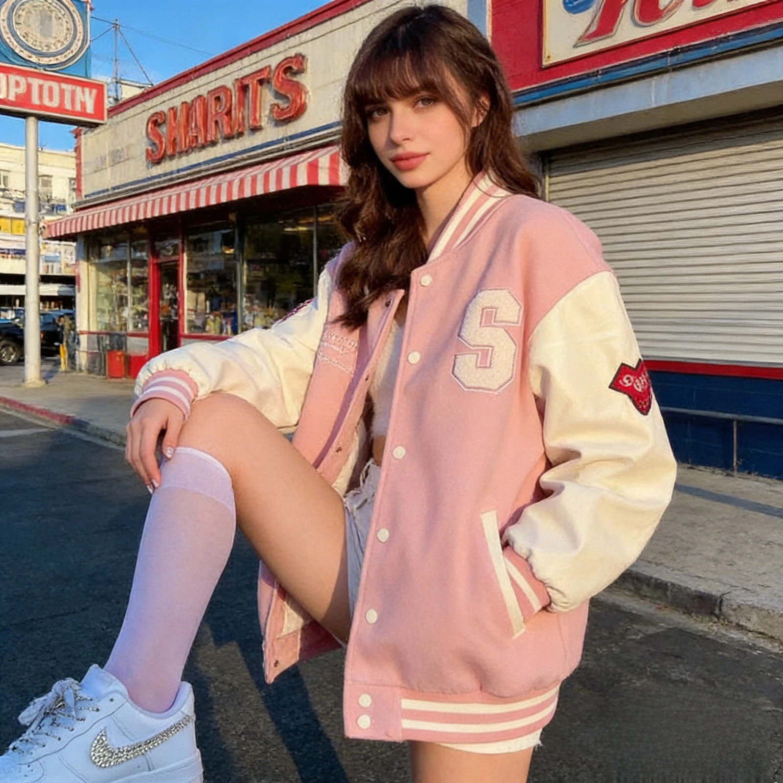 Womens Vintage PreppyStyle FleeceLined Pink Baseball Jacket Versatile ThickKnit Cardigan Clothing 260624