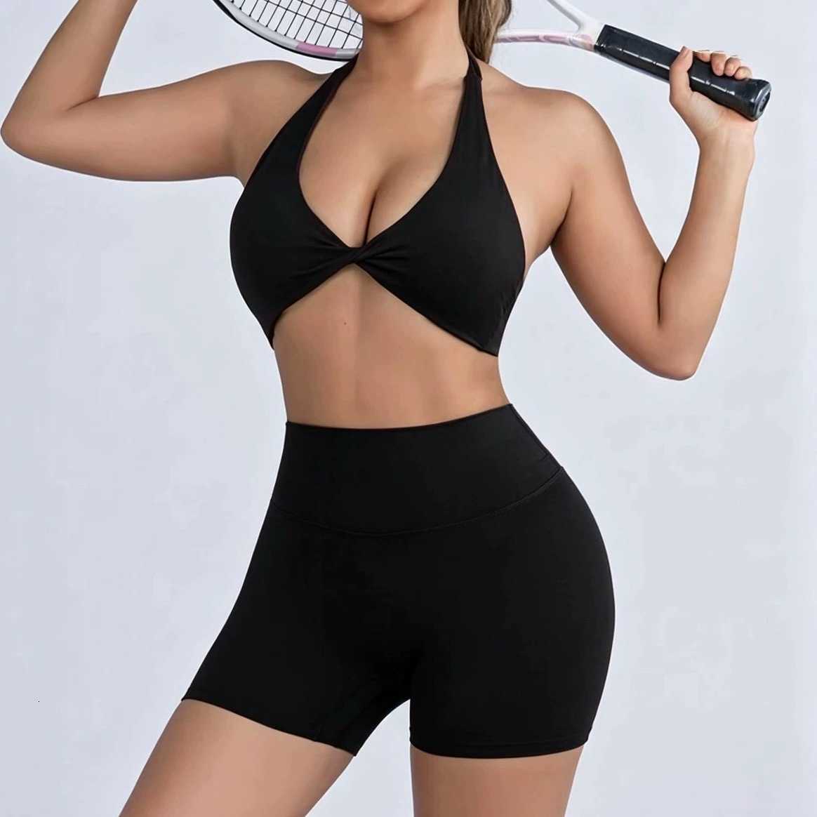 Set Fitness Womens Sexy Cropped Halter Neck Backless Breathable Sports Bra for Running Yoga Naked-feel Sports Shorts M260625