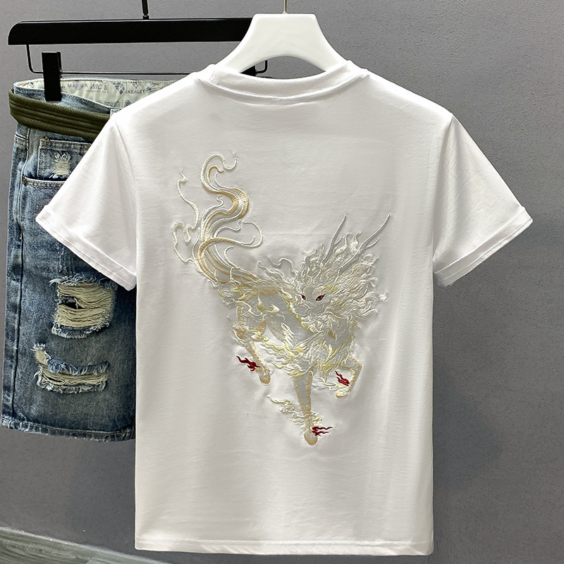 Chinese Style National Trend Kirin Embroidery Short Sleeve T-Shirt For Men 2024 Summer New Pure Cotton Crew Neck Base Shirt Men Round-Neck Pullover