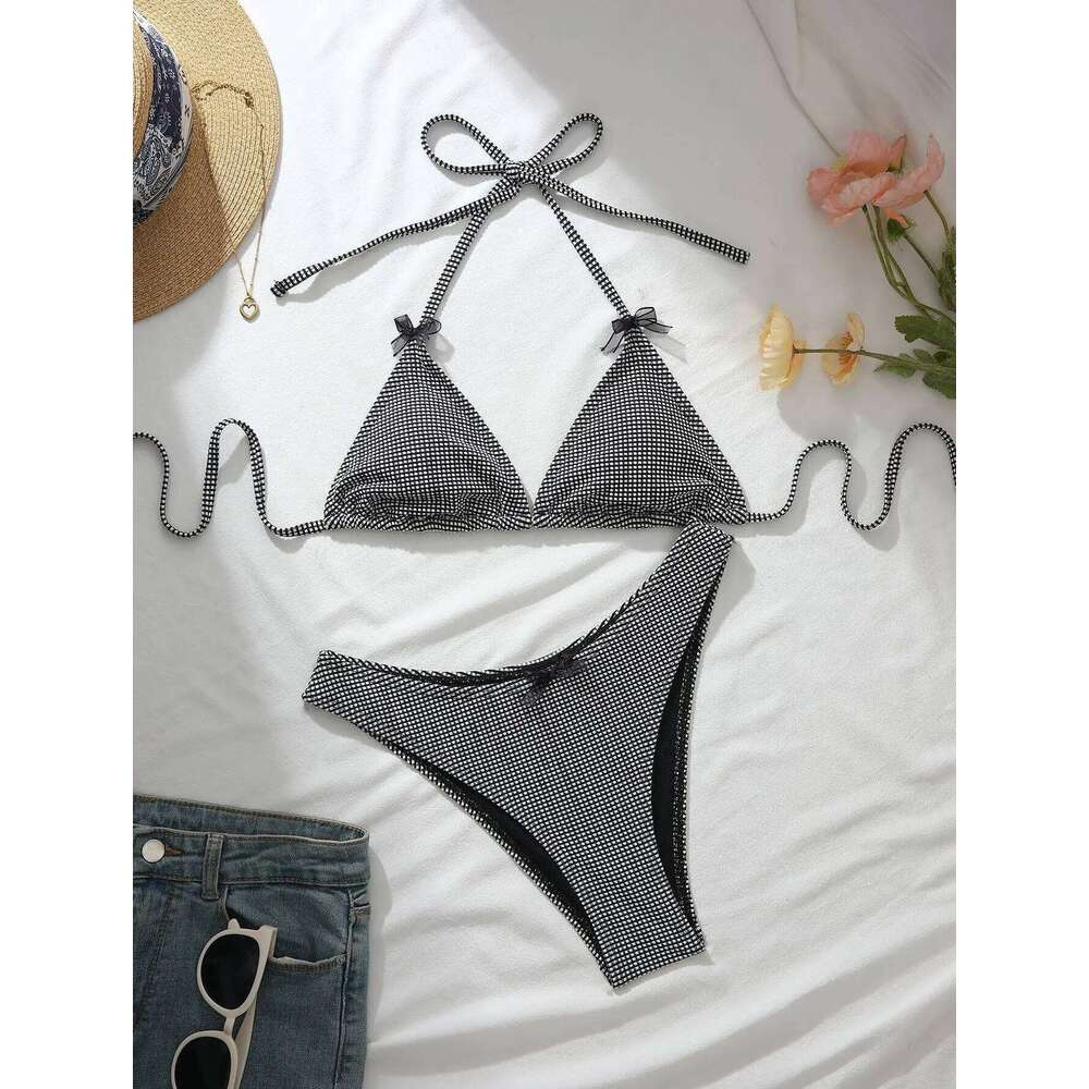 Sexy Black Plaid Bikini Set 2026 Women Bow Strap Push Up Bra Thong Swimsuit Summer Holiday Bathing Suit Micro Swimwear Biquini 26Y0625