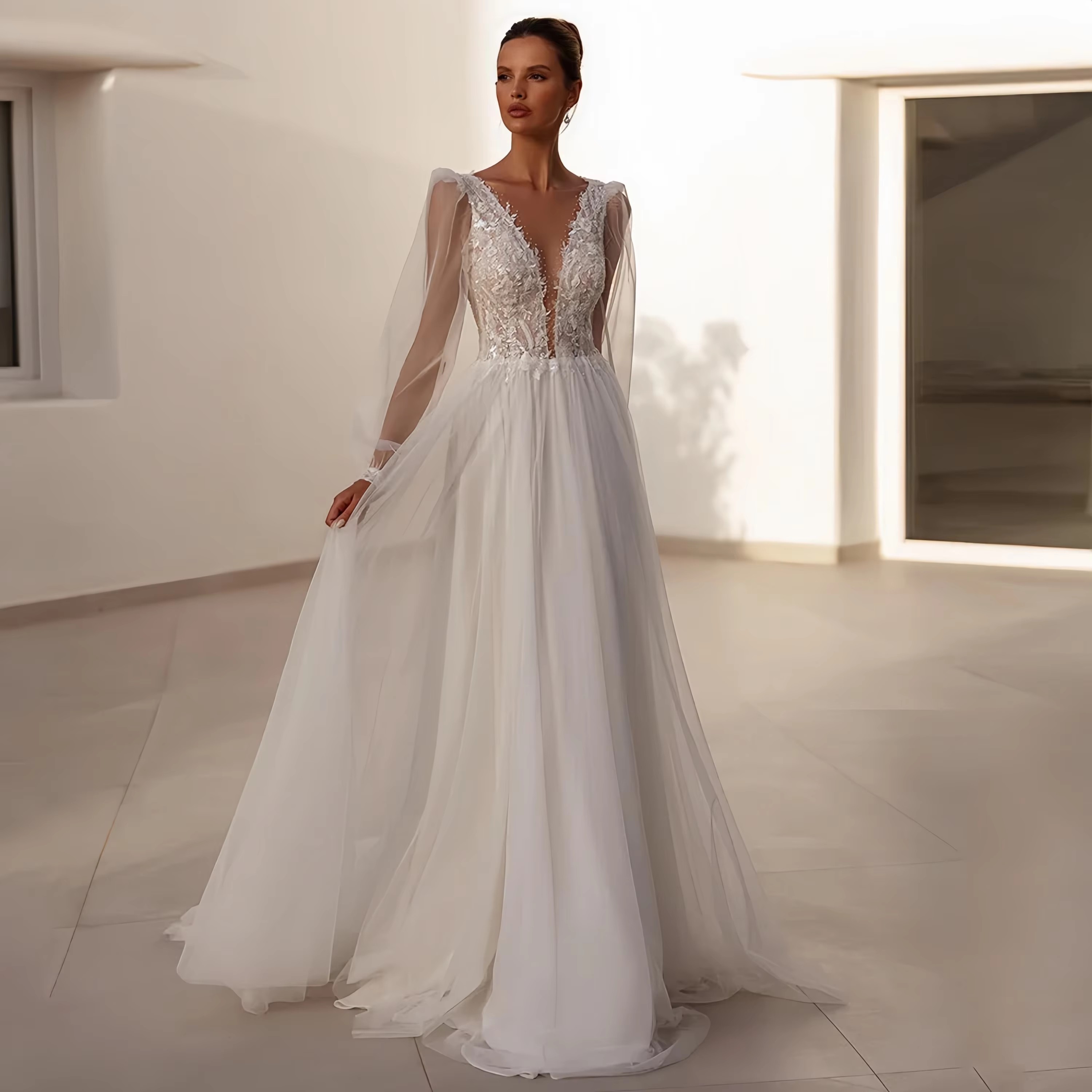 Elegant Woman Puff Sleeves Bride Wedding Dress Customized Scoop Neck Beading Applique A Line Tulle Bridal Gown Robe De Mariee