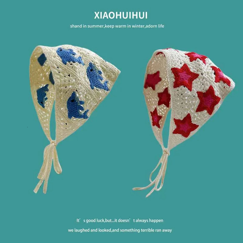 Y2k Dolphin Knitted Hollow Triangular Hair Scarf for Women Spring and Summer Travel Versatile Retro Pastoral Po Headscarf 260624