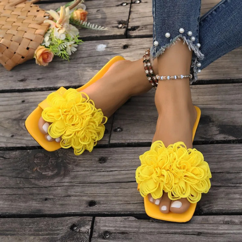 Plus Size 44 Cool Drag Womens Summer Square Toe Open Toe Outside Wear Flower Soft Sole Flat Slip Beach Shoes 260624