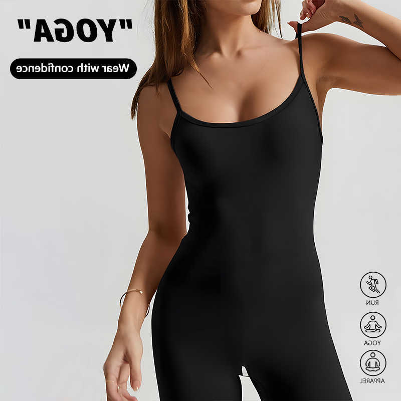 Jumpsuit Sleeveless Bodycon Spaghetti Flare Strap High Waist Bootcut Jumpsuit for Women breathable Yoga Workout Casual Outfits M260625