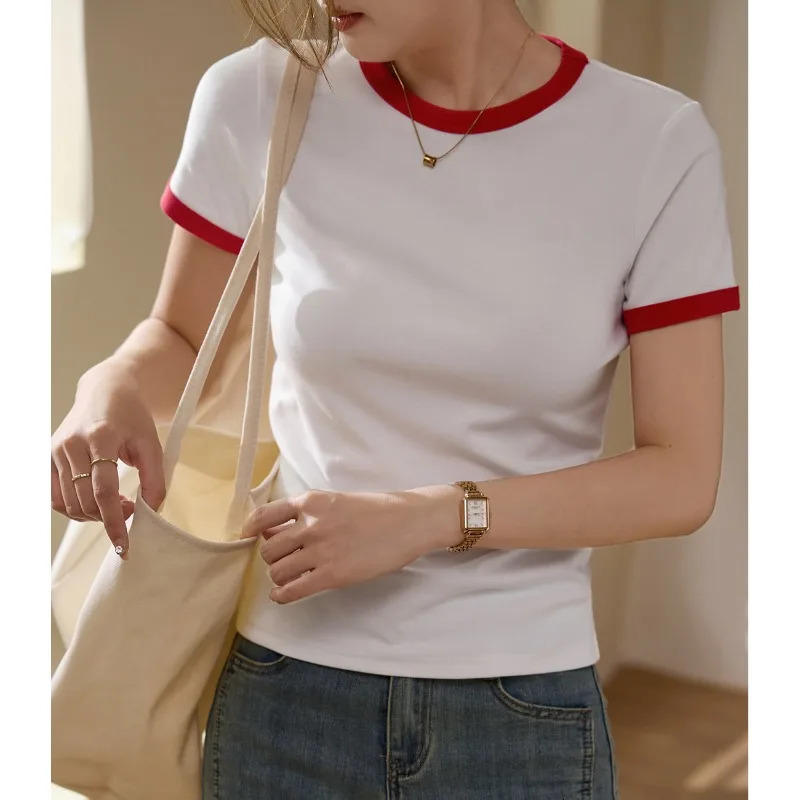 Pure cotton contrasting retro casual Tshirt for womens summer slim fit versatile short sleeved top 260624