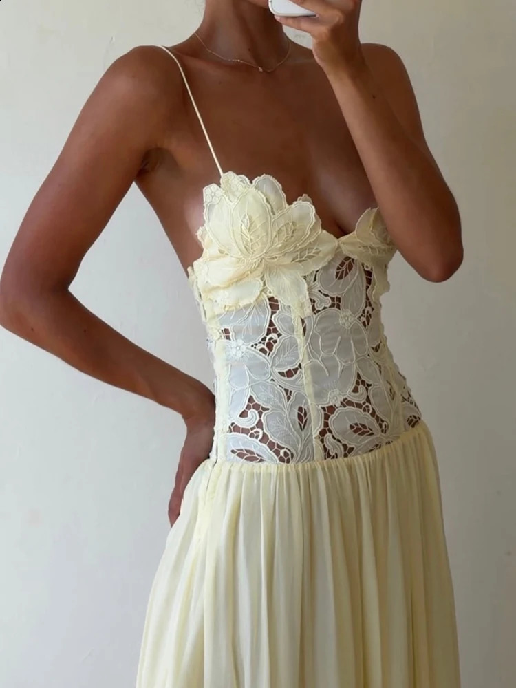 Spring Summer Holiday Chic Hollow Out Dress Women Casual Lace Patchwork Sleeveless Party Dress Elegant V Neck Ladies Dresses 260624BJ