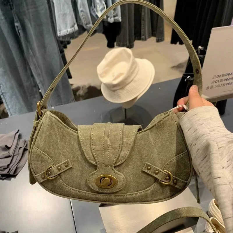 Shoulder Y2k Vintage American Street Style Rivets Green Canvas Handbag Gothic Punk Biker Cool Designers Underarm Bag HandbagT260716