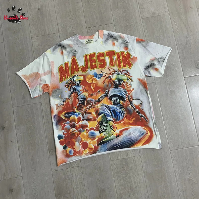 Graffiti Graphic Print Short Sleeve Tee Majestik T-shirt Men Woman Streetwear Vintage Washed Rhinestone Letter Casual Tops 260624